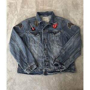 American Eagle Jacket Mens Small Blue Denim Trucker Patches Rolling Stones Rock
